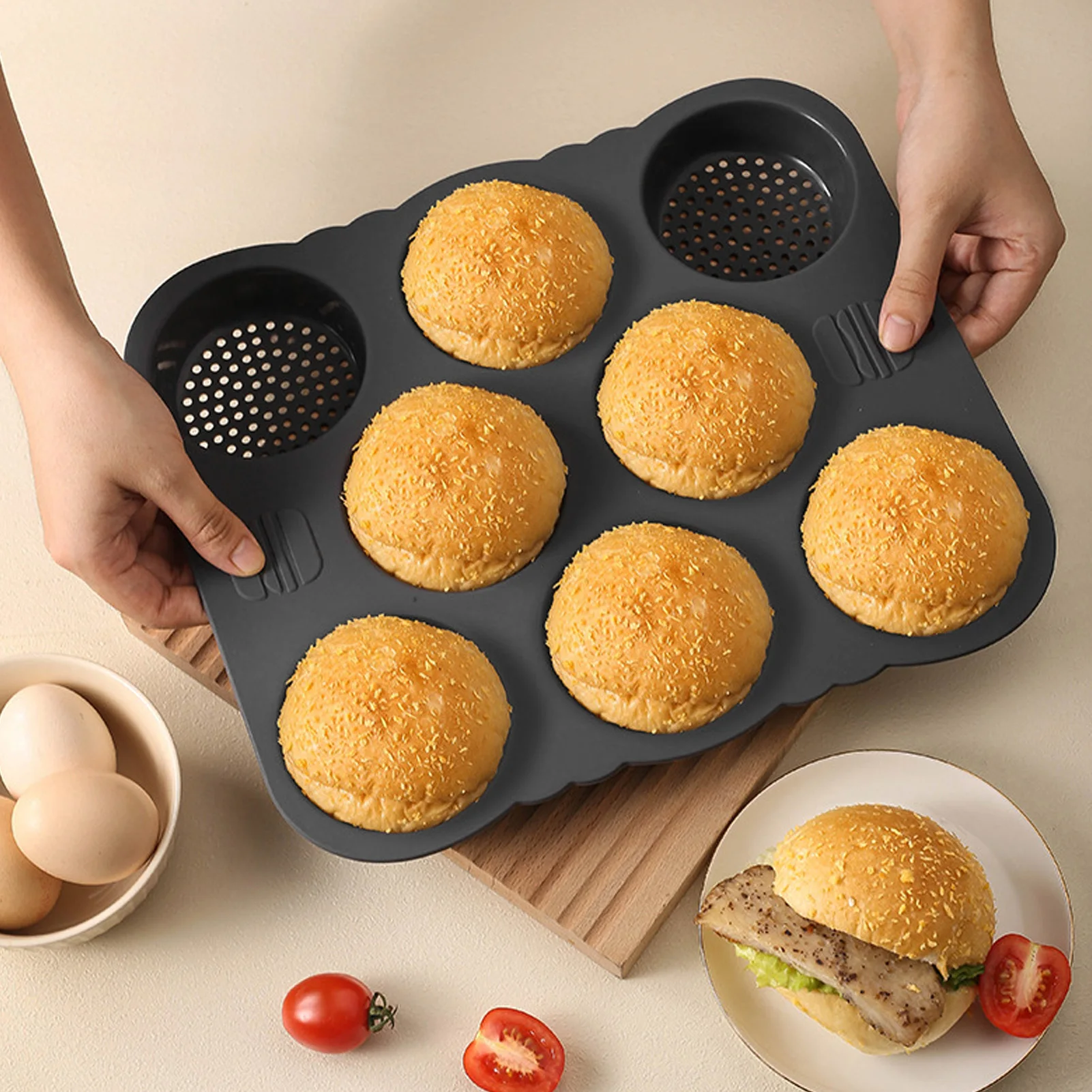 Hamburger Bun Mold Silicone 8 Cavity Easy Release Heat Resistant Hamburger Bread Bakery Mold Pan for Kitchen Baking Tool