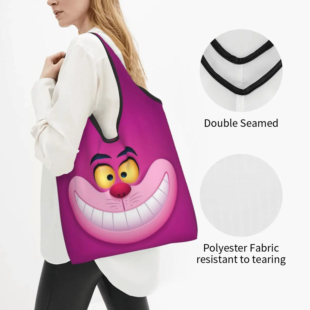 Custom Smiling Cheshire Cat Grocery Shopping Tote Bag Women Cute Animal Shopper Shoulder Bags Large Capacity Handbag