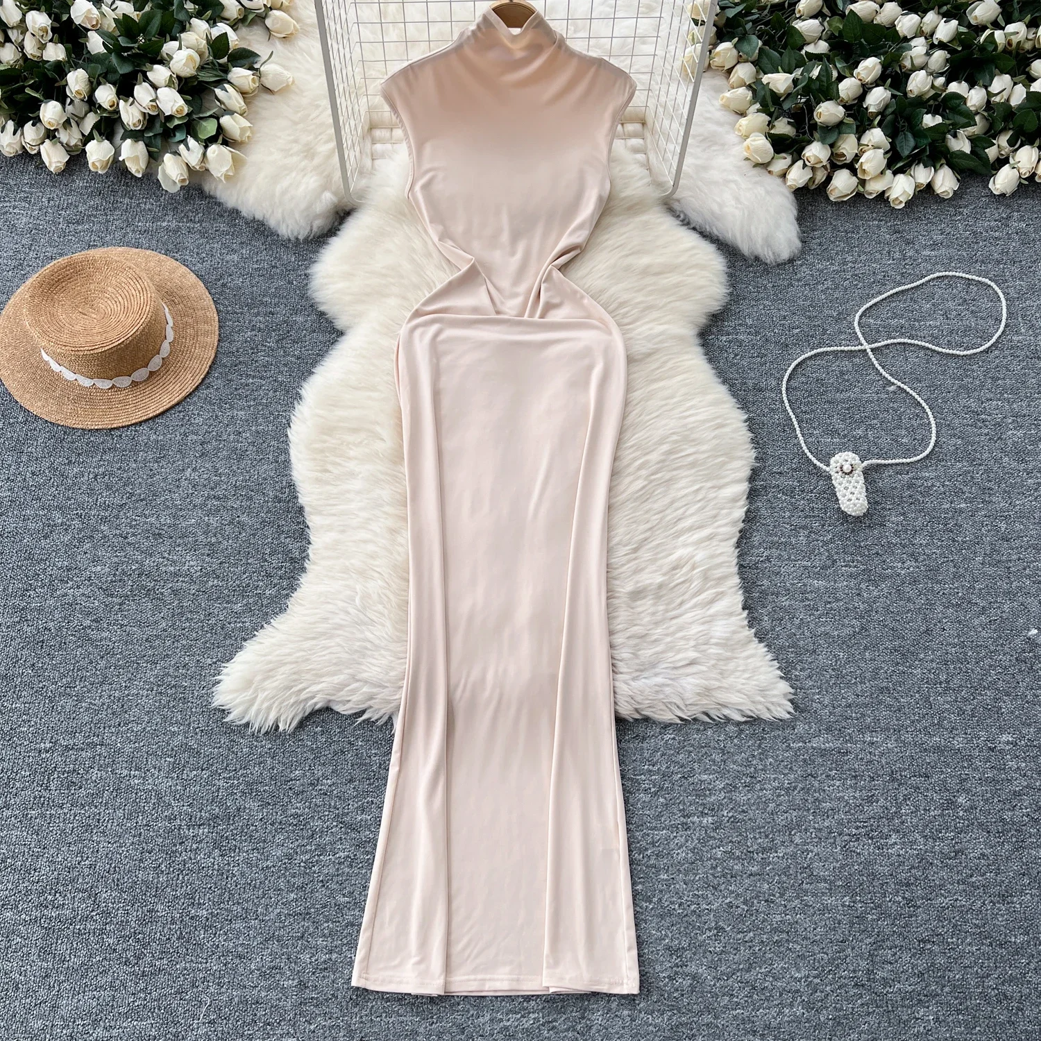 Elegant Turtleneck Vintage Off Shoulder Sleeveless Chic Elastic Long Dresses Korean Fashion Evening High Street Summer Clothing