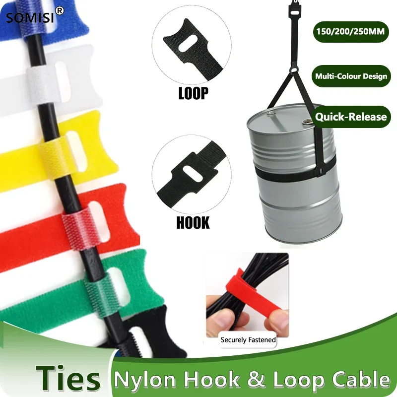 

10/80/300P Multi-Colour T-Type Hook & Loop Tape Reusable Fastener Adjustable Wire Tie Cable Nylon Cable Ties 12x150/200/250mm