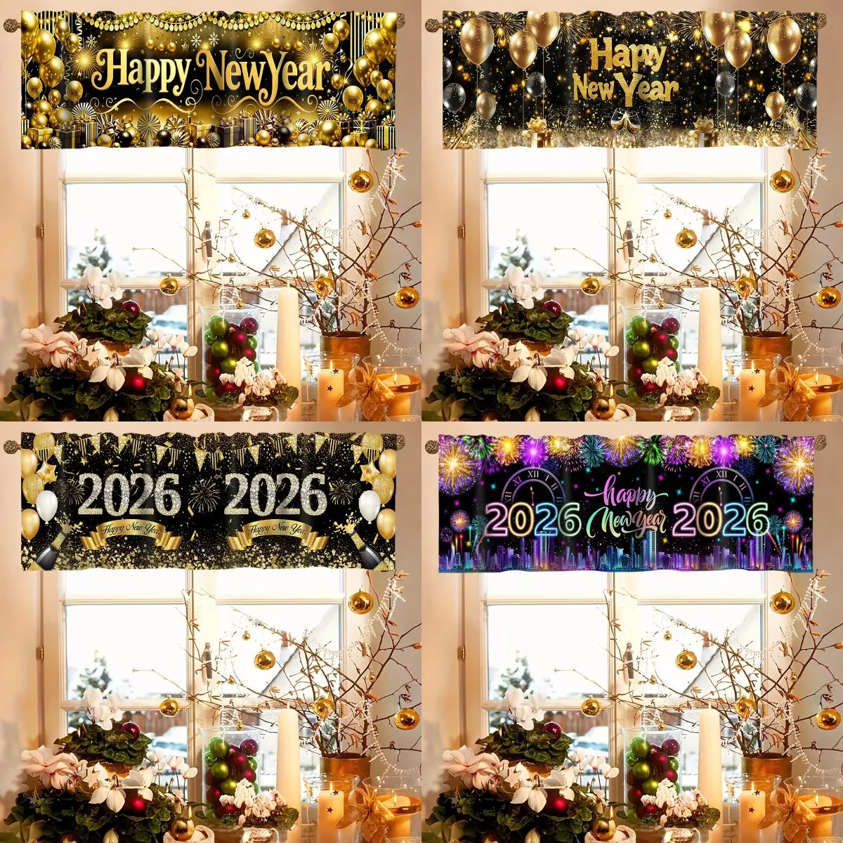 2026 Happy New Year Short Curtains Valances Fireworks&Balloons Windows Treatments New Year Decorations for Home Kitchen Bathroom