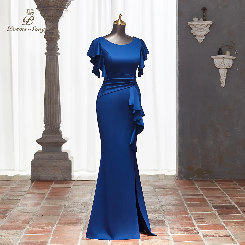 Chic Navy Blue Long Dress with Flowing Ruffled Sleeves and Elegant Side Slit for Formal Events and Parties vestidos de noche