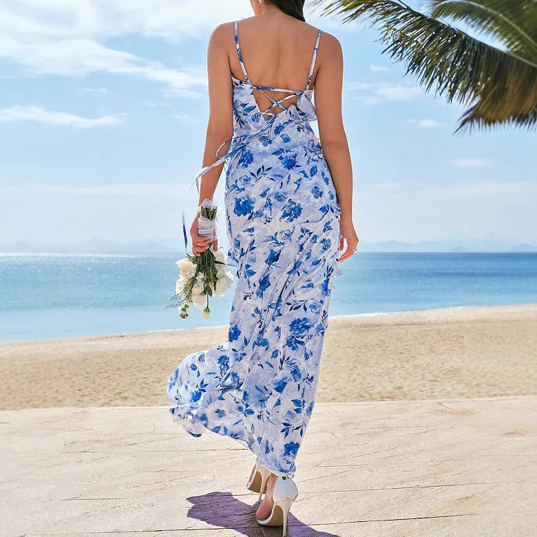 فستان ماكسي جديد لربيع وصيف 2025 من الشيفون مطبوع بدون حمالات فستان سهرة أنيق #3