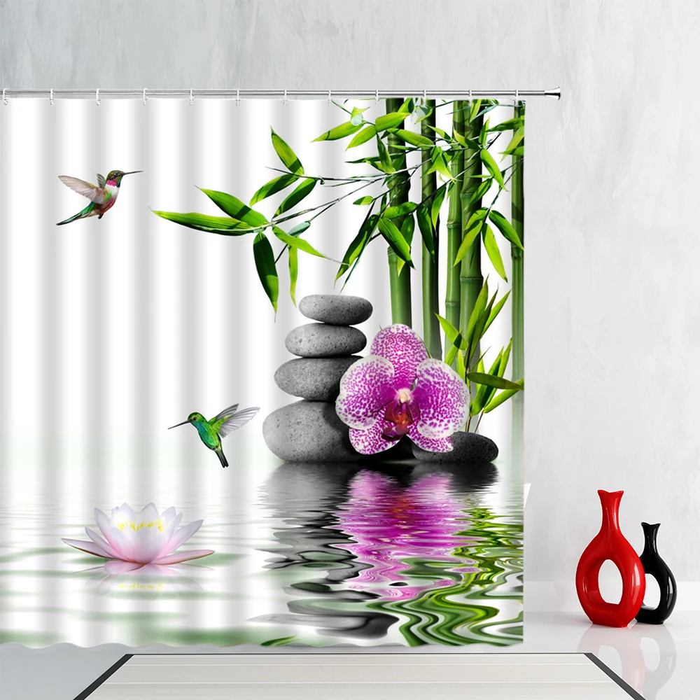 

Zen Green Bamboo Shower Curtains Purple Orchid Hummingbird Flower Plant Black Stone Spa Nature Scenery Bathroom Decor With Hooks