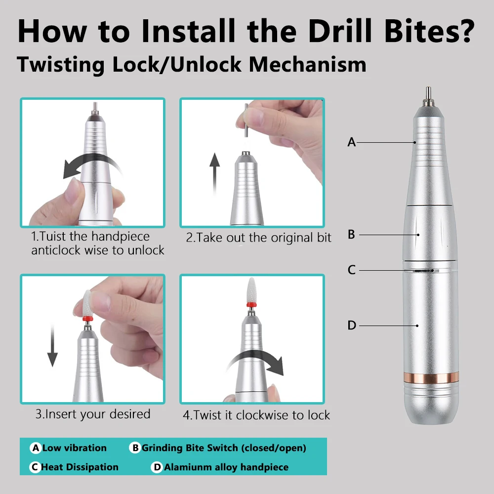 Przenośny pilnik elektryczny do paznokci 35000 obr./min, zasilany przez USB, polerka do paznokci, maszynka do manicure do użytku domowego i salonu.