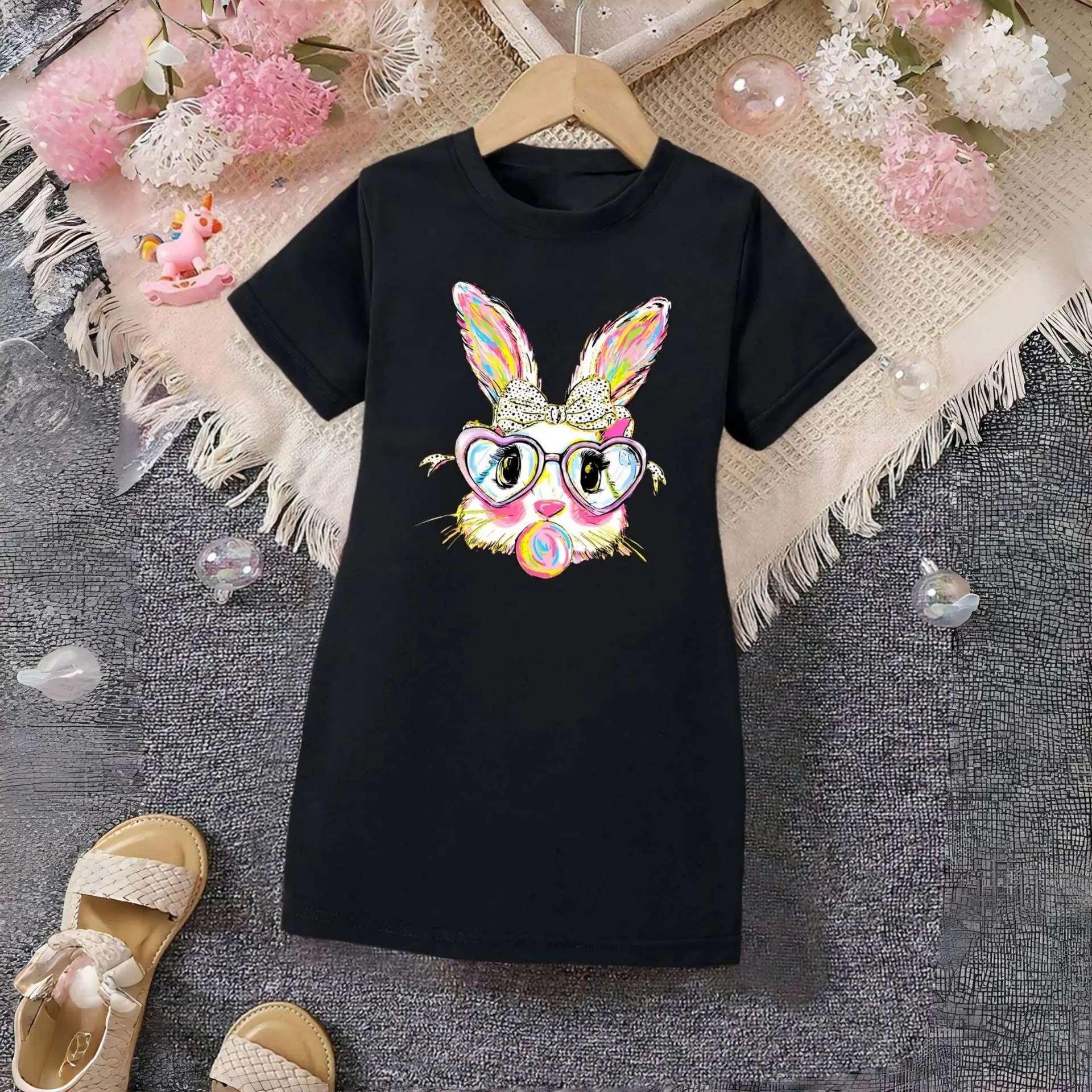 Children's Clothing, Girls' Short-Sleeved T-Shirt Dress, Casual Dress with Rabbit Print, Suitable for Girls Aged 4-11, Versatile Clothing for Home, Outings, and School, Available in Multiple Colors