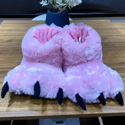 2024 Women's Fulffy Bear Paw Slippers Home Warm Bear Fur Slides Winter Slip On Animal House Shoes