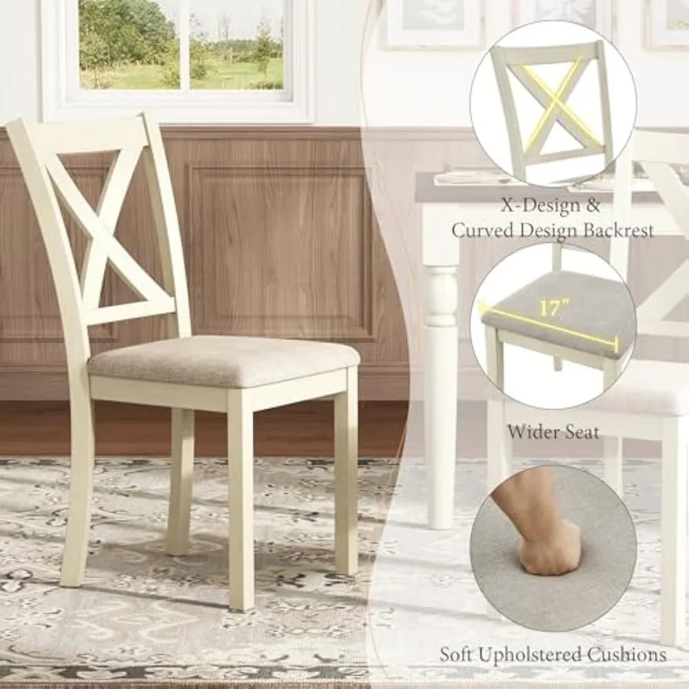 طقم طاولة طعام من الخشب الصلب مكون من 6 قطع مقاس 60 بوصة، وطاولة مزرعة مع 4 كراسي منجدة ومقعد واحد، ومجموعة طاولة طعام لـ 6 أشخاص، لـ Dinin