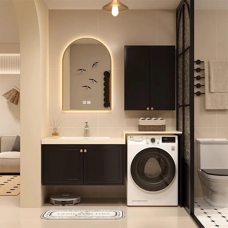 French Medieval Style Bathroom Cabinet, Washing Machine Integrated Cabinet Combined Bathroom, Rock Slab Integrated Washbasin