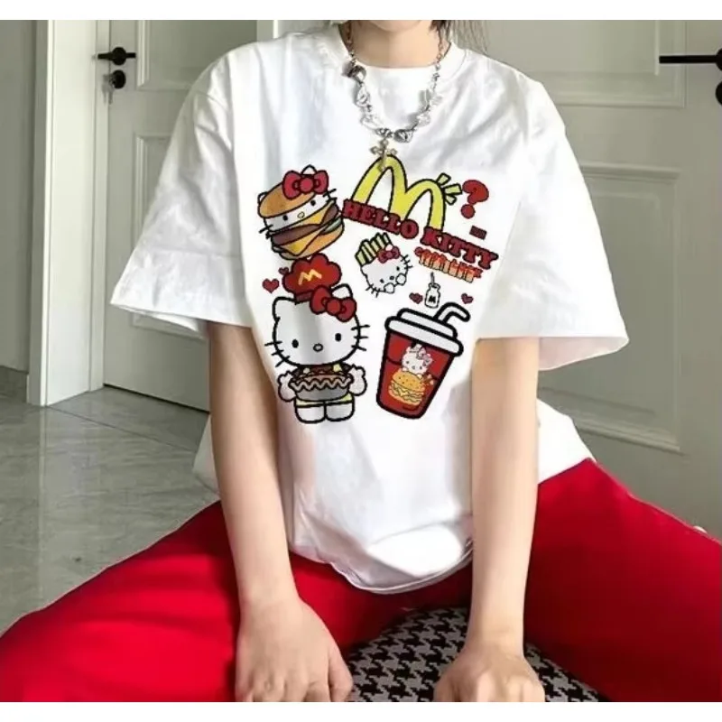 

Женская летняя рубашка с короткими рукавами и принтом Hello Kitty Maimen, свободный повседневный модный топ с короткими рукавами для пар, модный женский топ Y2K