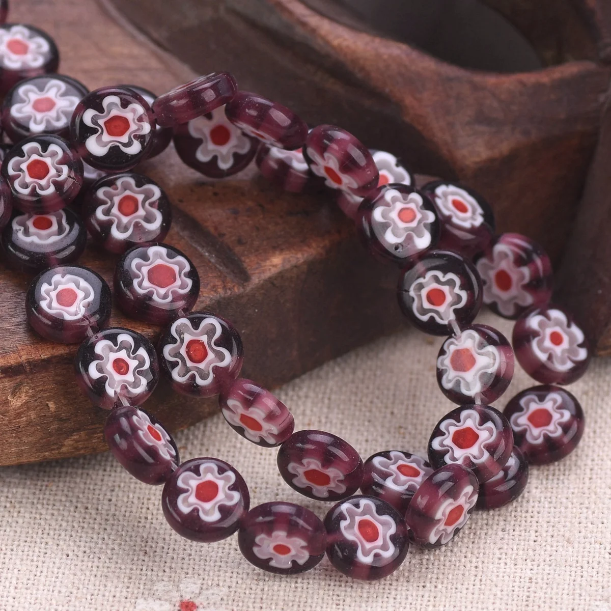 Flat Round Millefiori Vidro Loose Beads, Flor Roxa, Fazer Jóias, DIY Craft Descobertas, 1 Strand, 10mm, 35Pcs por lote