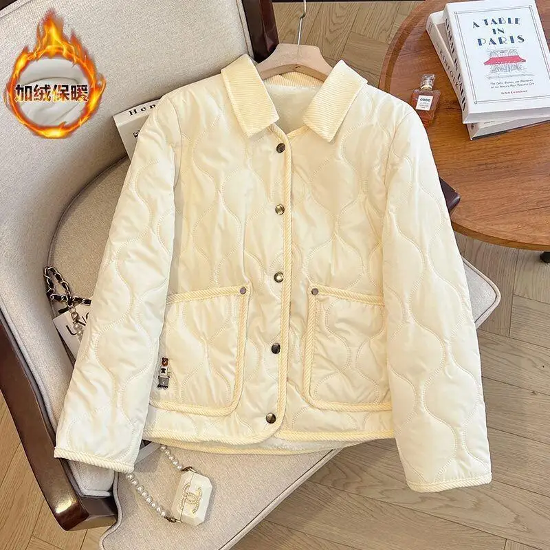 

Women's Coat winter autumn Jacket Outerwear Warm Fleece Lined Korean Embroidered Bear Quilted Fleece Patchwork Petite Short