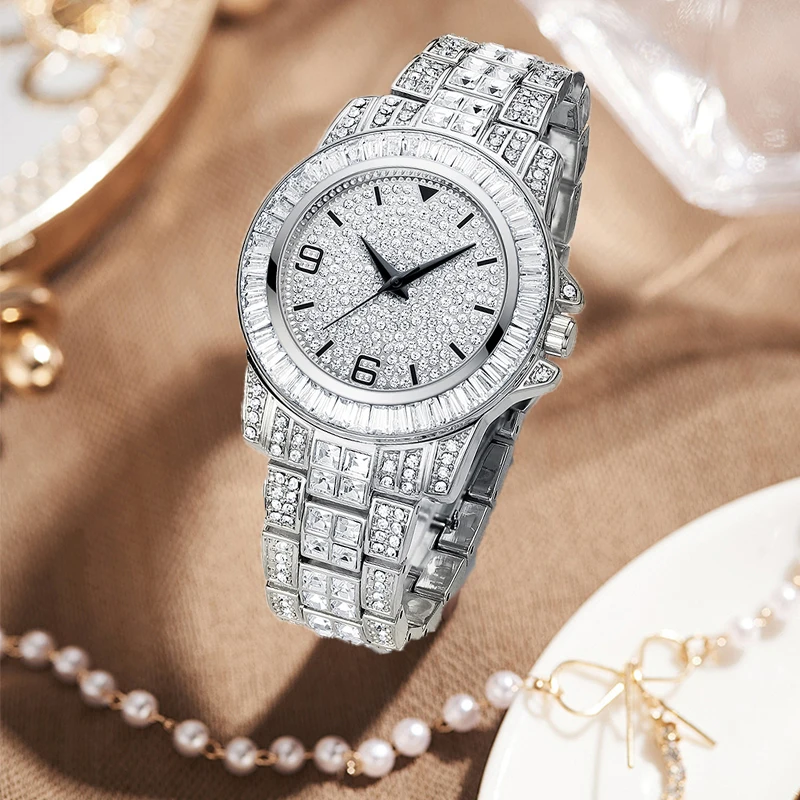 Full Diamond Design Ladies Watches Luxury Brands 41mm Arabic Dial Silver Stainless Steel Quartz Watch Women Gift 3Bar Waterproof