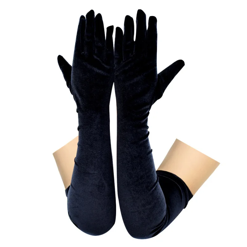 53CM Women Golden Velvet Long Autumn Winter Warm Black Evening Dress Etiquette Gloves Retro Style Banquet Accessories Elasticity