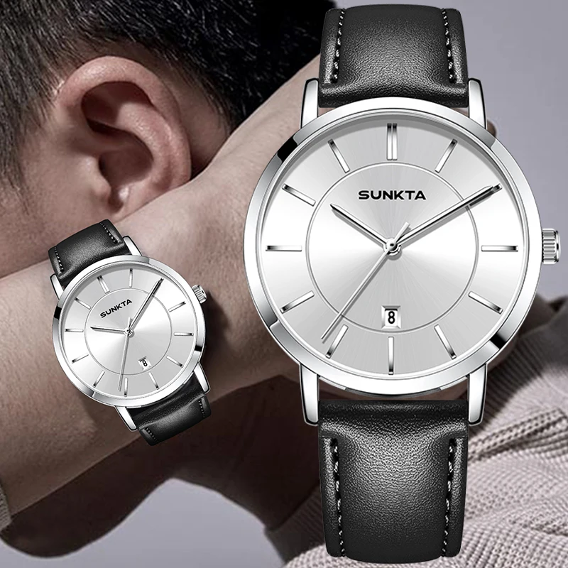 

SUNKTA простые мужские часы модные кожаные кварцевые часы с календарем деловые классические повседневные ультратонкие водонепроницаемые часы для мужчин reloj