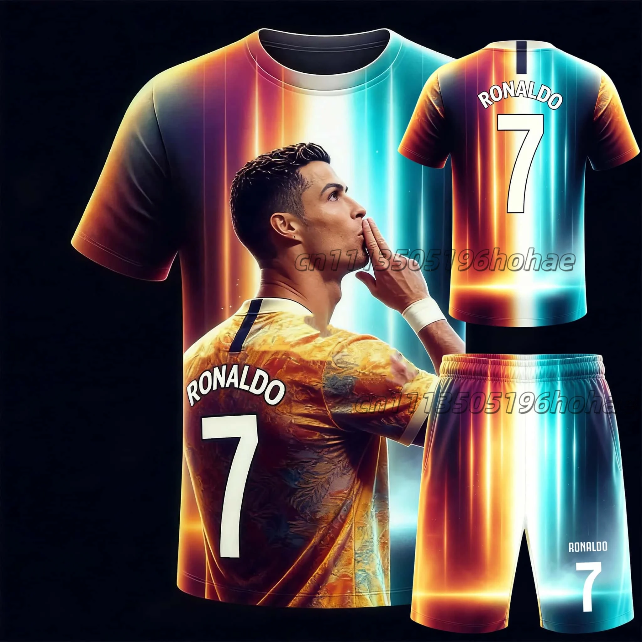 New #Ronaldo7# Gradient Starry Sky Trendy T-shirt and Shorts Set Breathable Training Wear for Teenagers and Adults in Summer