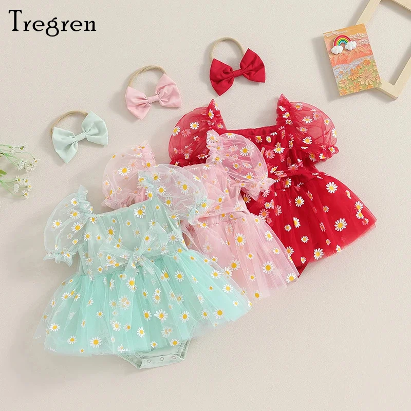 

Tregren 0-18M Infant Newborn Baby Girl 2Pcs Summer Outfits Cute Short Puff Sleeve Daisy Print Romper Tulle Dress with Headband