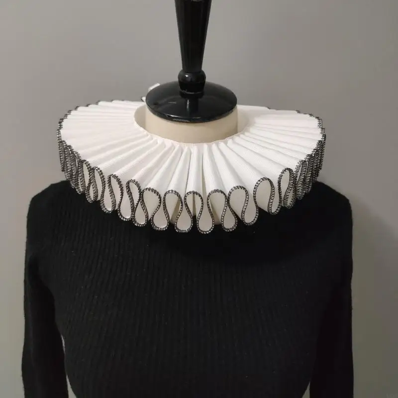 Vintage Ruffled Faux Collar Neck Ruff with Black Edging Victorian Costume Necklace Accessory for Women and Men