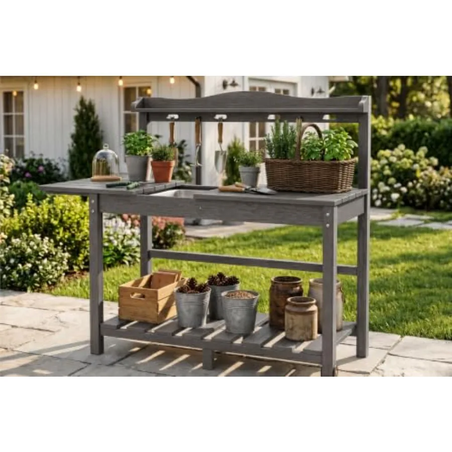 All-Weather HDPE Outdoor Potting Bench with Removable Sink, Expandable Gardening Work Station with Sliding Tabletop, Built-in W