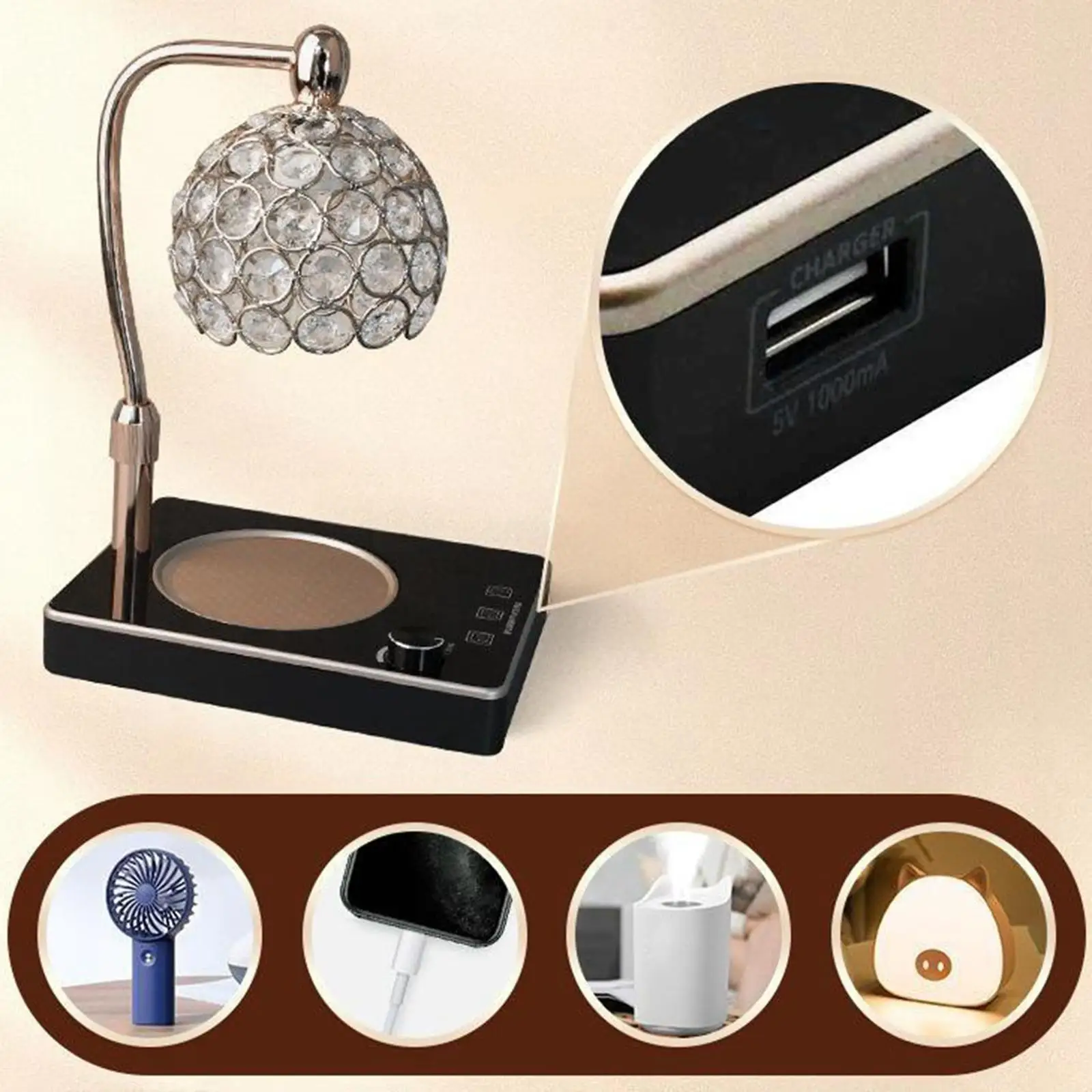 Candle Warmer Table Lamp Wax Melting Electric Burner Adjustable Aroma Mood Light Crystal Shade Home Decor for Living Room
