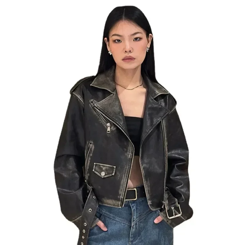 Women's Retro Leather Biker Jacket, Ladies Streetwear, Female Fashion, Slim Zipper, Short Tops, Goth Clothes, Retro, New, Spring