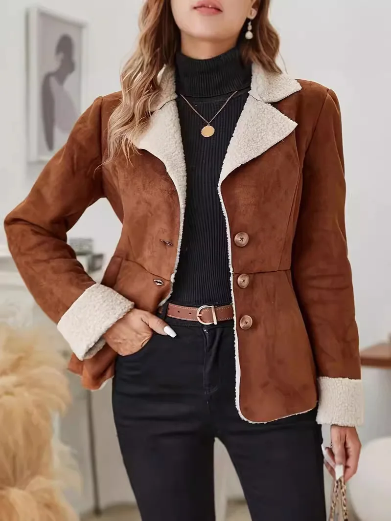 سترات نسائية ضيقة من جلد الغزال من Streetwear بجيوب واحدة وأكمام طويلة معاطف عصرية للخريف ملابس خارجية أنيقة كلاسيكية غير رسمية ﻿