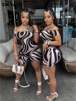 CM.YAYA Women Geometric Printed Short Sleeve Slash Neck Jumpsuits Street 2025 Summer Casual Sexy One Piece Suit Romper Playsuits - Image 2