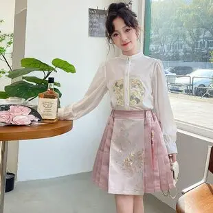 Girls autumn summer Traditional Chinese Lion Costume Folk Dance shirt blouse + horse-face skirt Hanfu Kids Children set 12 year