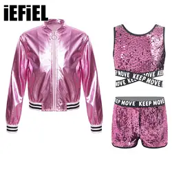 Kids Girls Sparkling Sequins Dance Outfit Performance Costume Criss Cross Straps Bottom Crop Top with Shorts And Metallic Jacket
