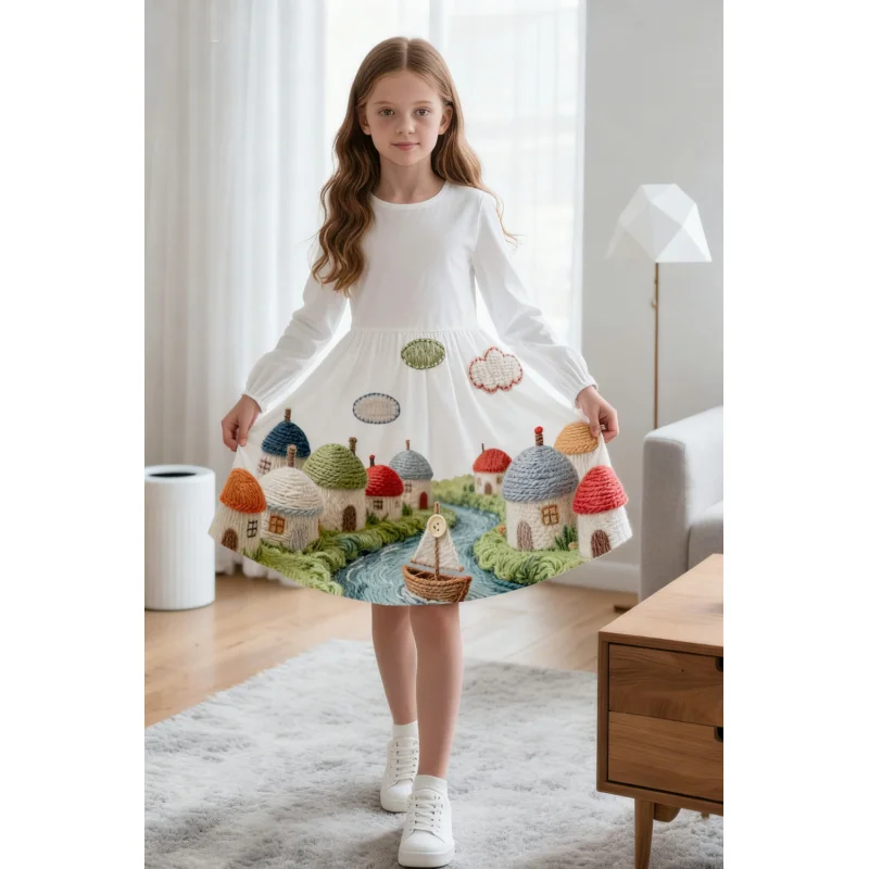 

2025 New Autumn Girls' Dress, Long-sleeved Fairy Tale Town Pattern Print Princess Dress, Casual Party Children's Clothing