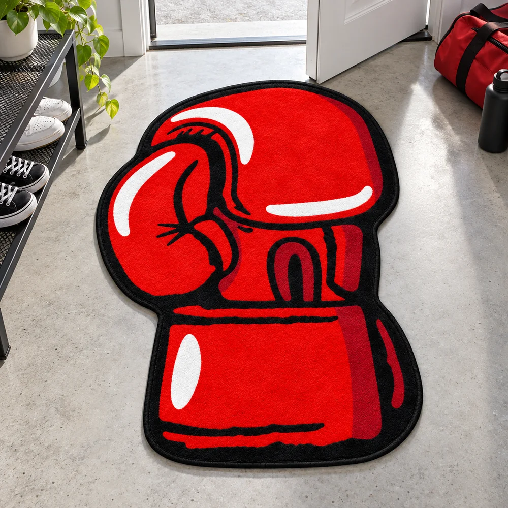 Red Boxing Glove Shaped Flannel Rug with Bold Sports Design for Entryway Bedroom Living Room and Home Workout Corner Decor
