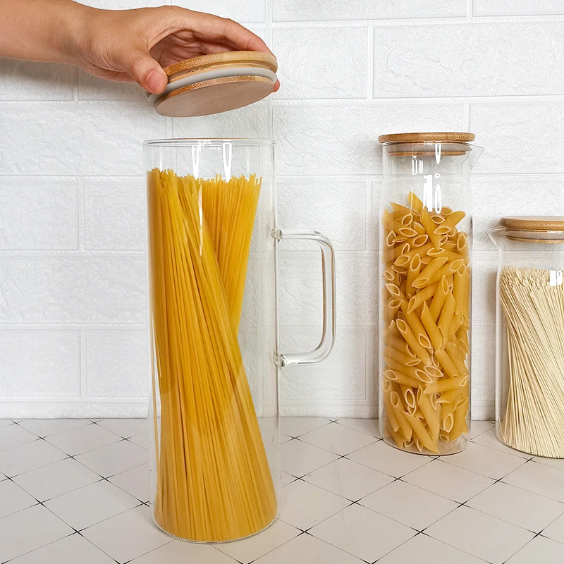 Italian Pasta Noodels Storage Jar 1500ml Round Glass Storage Jars Bamboo Cover, Sealed Glass Bottle, Kitchen Seasoning Tank