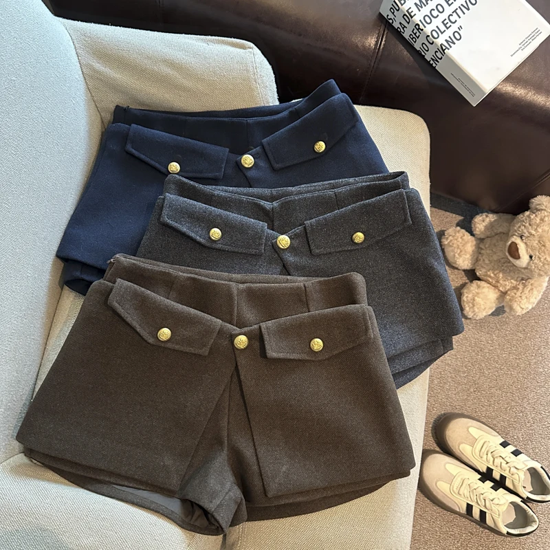 

Women's Autumn Winter High Waist Patchwork A Line Shorts Lady Streetwear Wool&blend Irregular Boots Short Pants