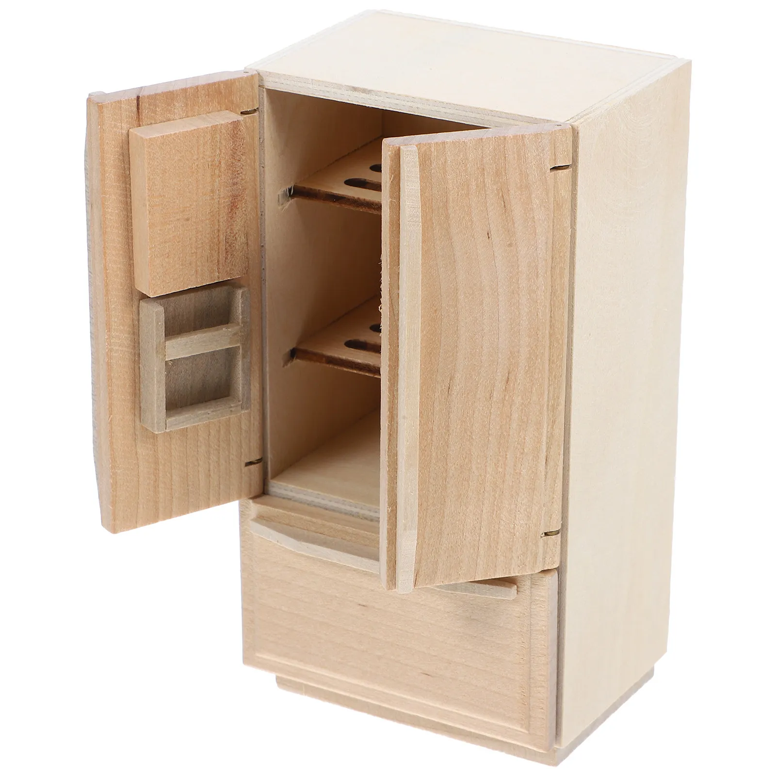

Miniature Wooden Refrigerator Unpainted Furniture Decoration Mini House Fridge Accessory Small Miniature Cooler Freezer for Room