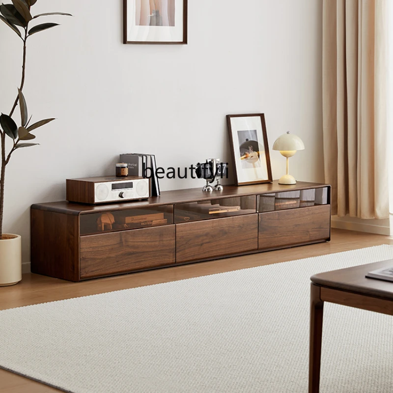 Nordic Solid Wood TV Cabinet Black Walnut Wooden Floor Cabinet Glass Modern Minimalist Living Room Side Cabinet