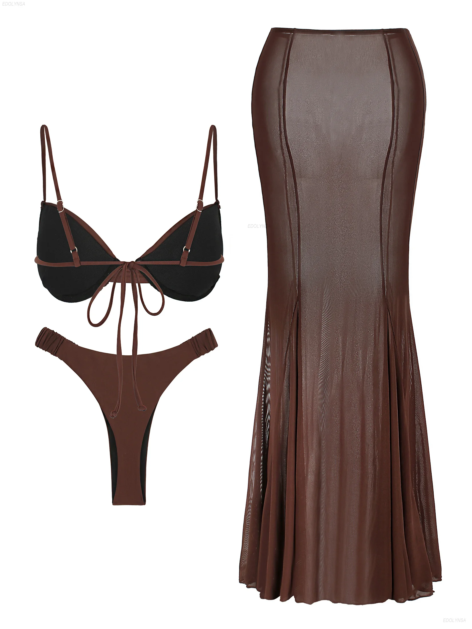 Ruched Bathing Suit with Coverup Skirt Chic 3 Piece Bikini Set 2025 New Beachwear Push Up Swimsuit Nightclub Party Dress K268