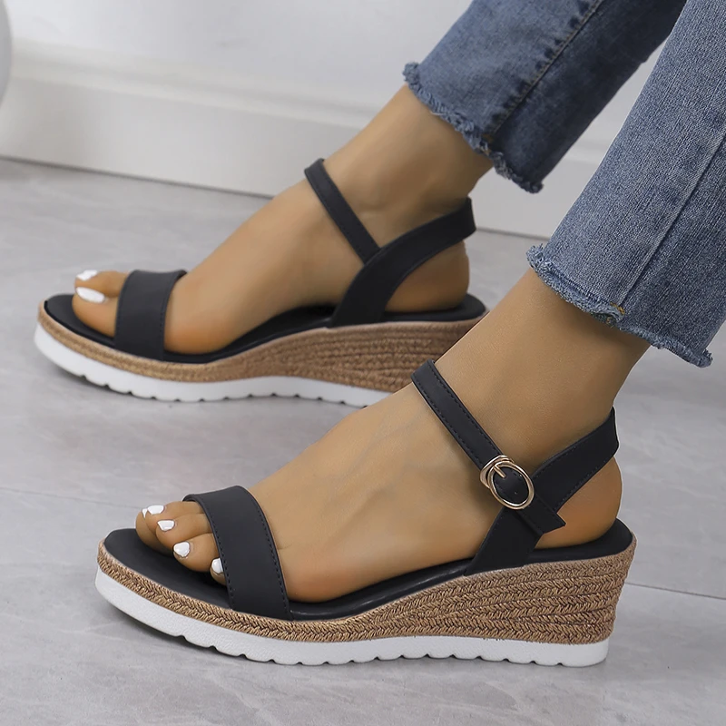 

2024Ladies Summer Solid Colour Slippers Leather One Line Buckle Fish Mouth Side Empty Peep Toe Simplicity Sandals Vacation Shoes