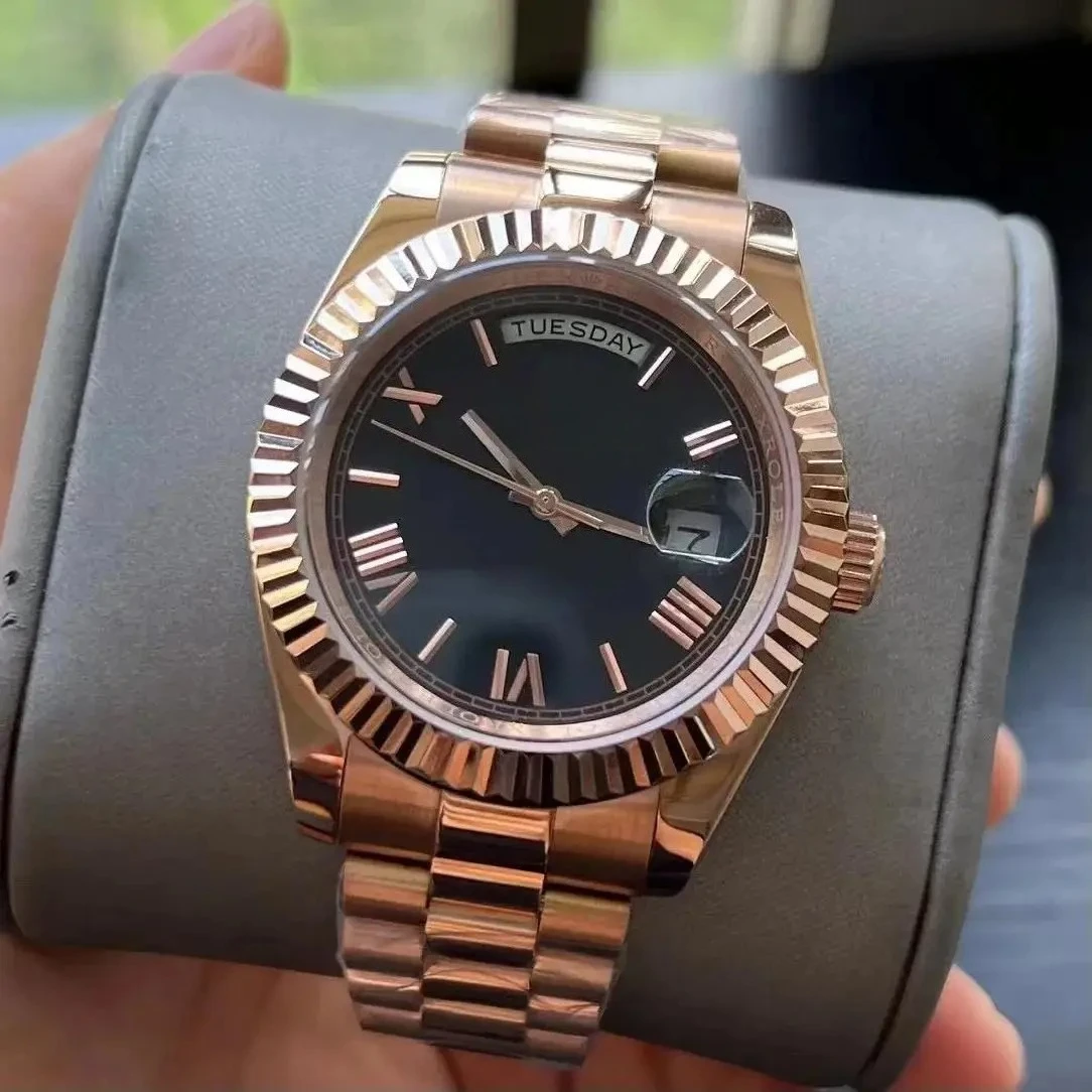 Relógio mecânico automático masculino de luxo aço inoxidável prata amarelo rosa ouro verde daydate roma dial preto branco 36mm 41mm