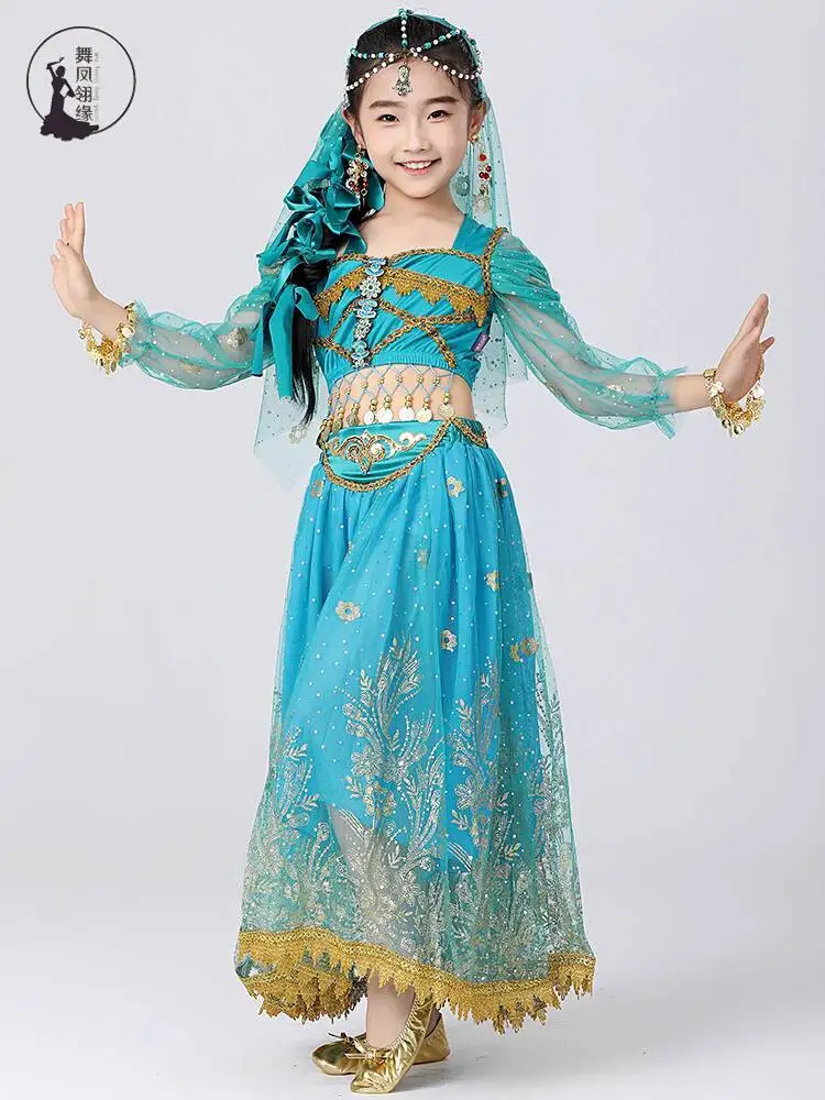 Nuevo traje de actuación infantil danza india princesa jazmín traje de manga larga danza étnica ropa de estilo exótico