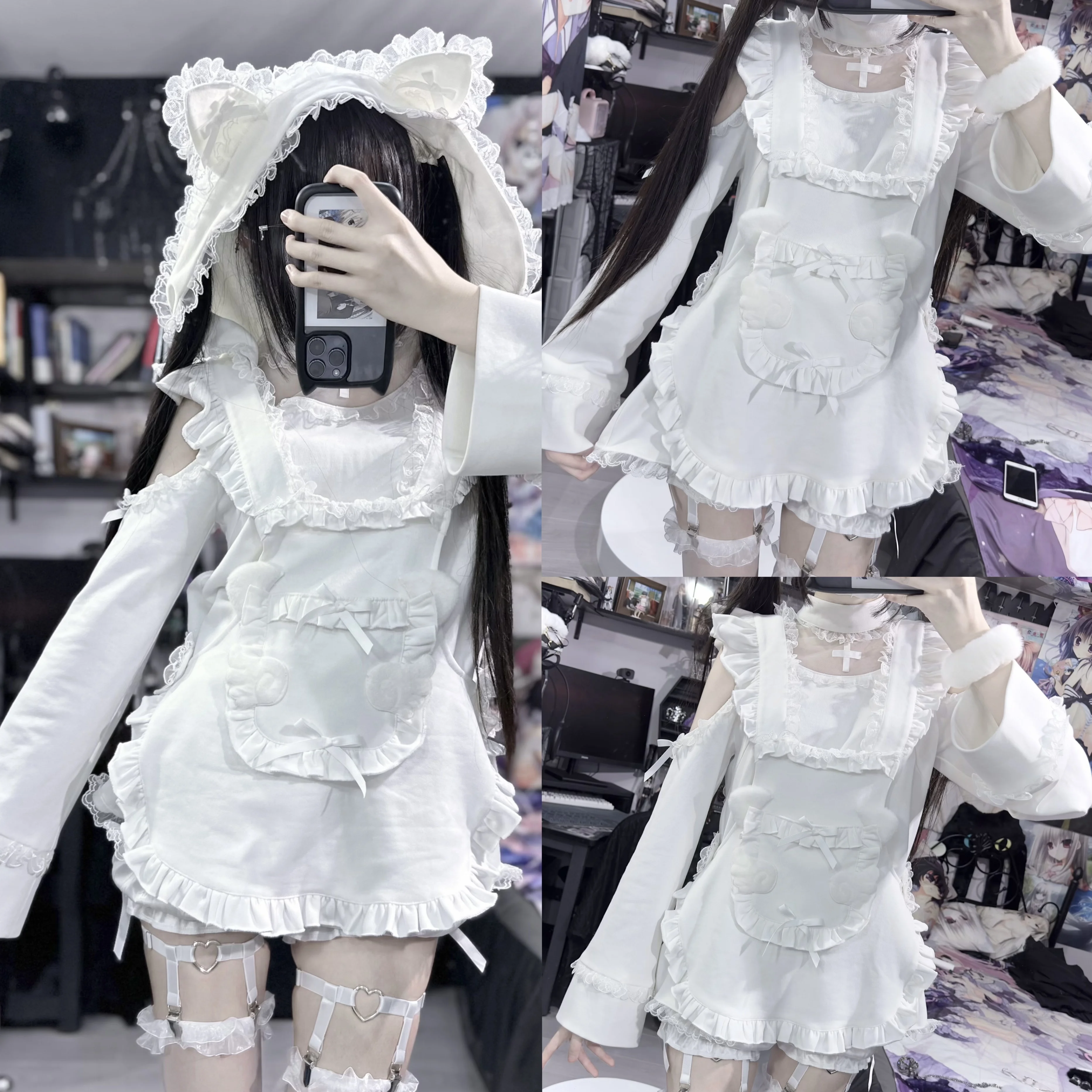 Original Japanese Harajuku Subculture Soft Girls Cat Ears Hooded Sweatshirt Lace Kawaii Cute Black White Apron Hoodies Pullovers view 2