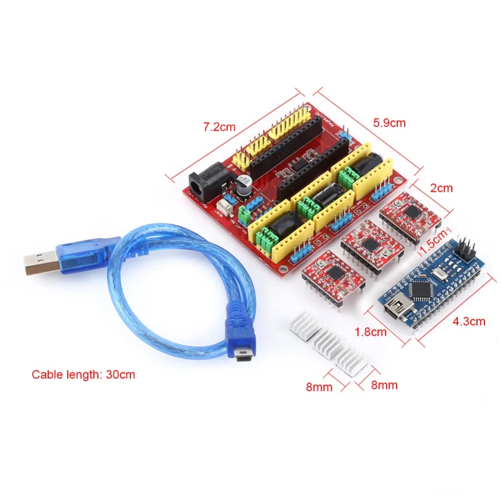 Unidad A4988, máquina de grabado CNC, placa Nano 3,0 con Cable USB, placa de expansión CNC, controladores paso a paso, disipadores de calor, Kit de impresora 3D