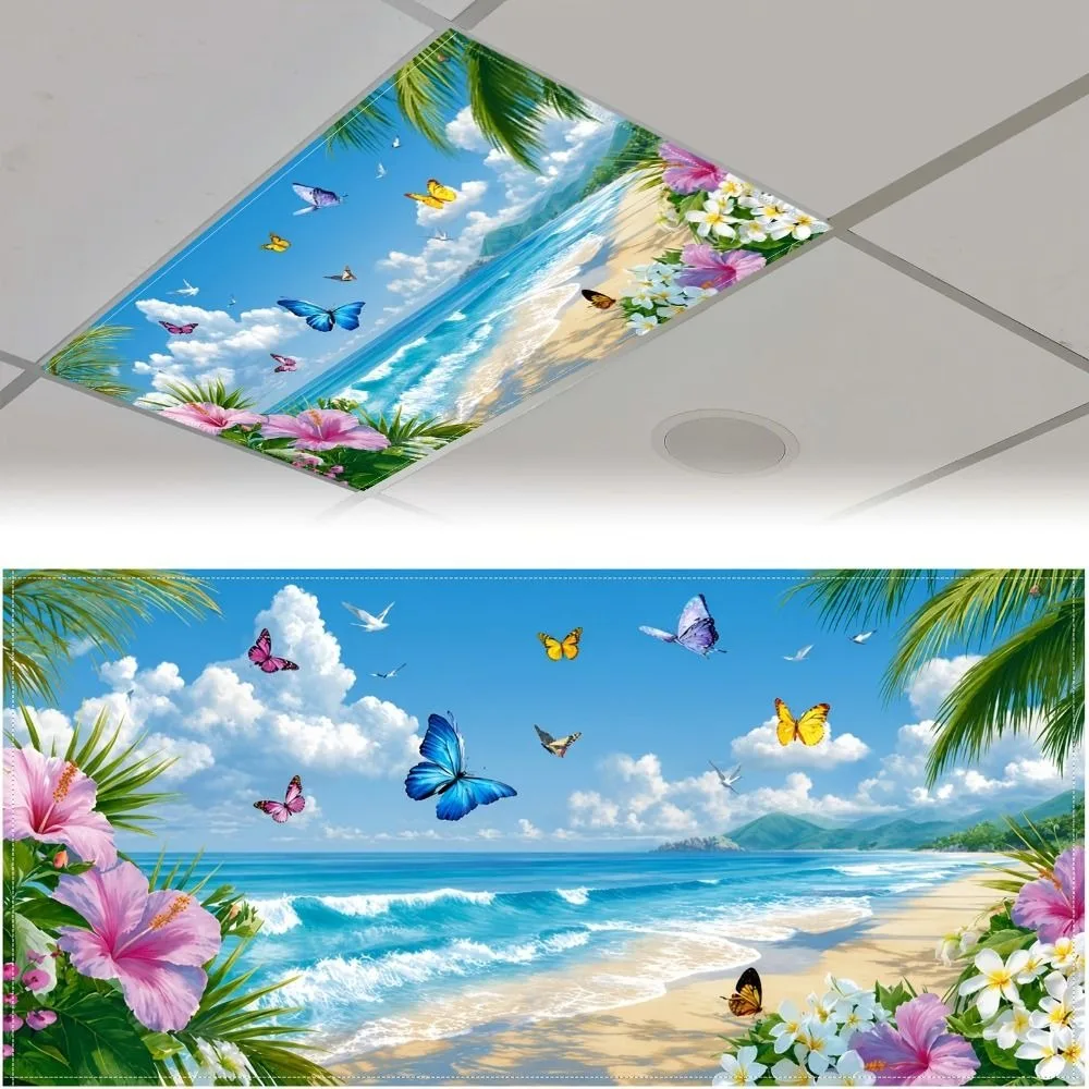122*61cm Lampshade Anti-glare with 10 Magnetic Buckles Magnetic Light Filters Forest Sky Fluorescent Light Covers Offices