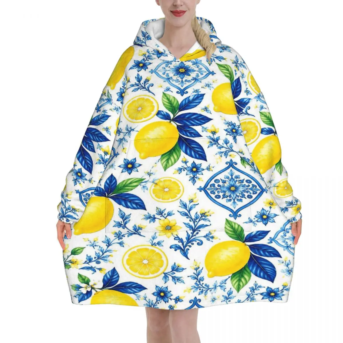 Oversized Lemon Sicily Rectangle Wearable Blanket Gifts for Women Men Ultrasoft Plush Warm Sweatshirt Blankets With Pocket