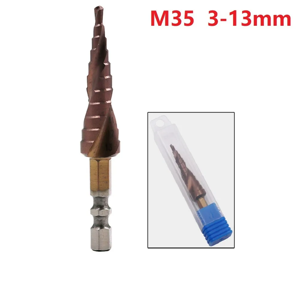 Punta da trapano a cono a spirale HSS Punta da trapano a gradino Punta da trapano con codolo esagonale Punte per la lavorazione del legno M35 Cobalto 1pc 3-13mm per gamma 01 ~ 1mm Piastra in acciaio