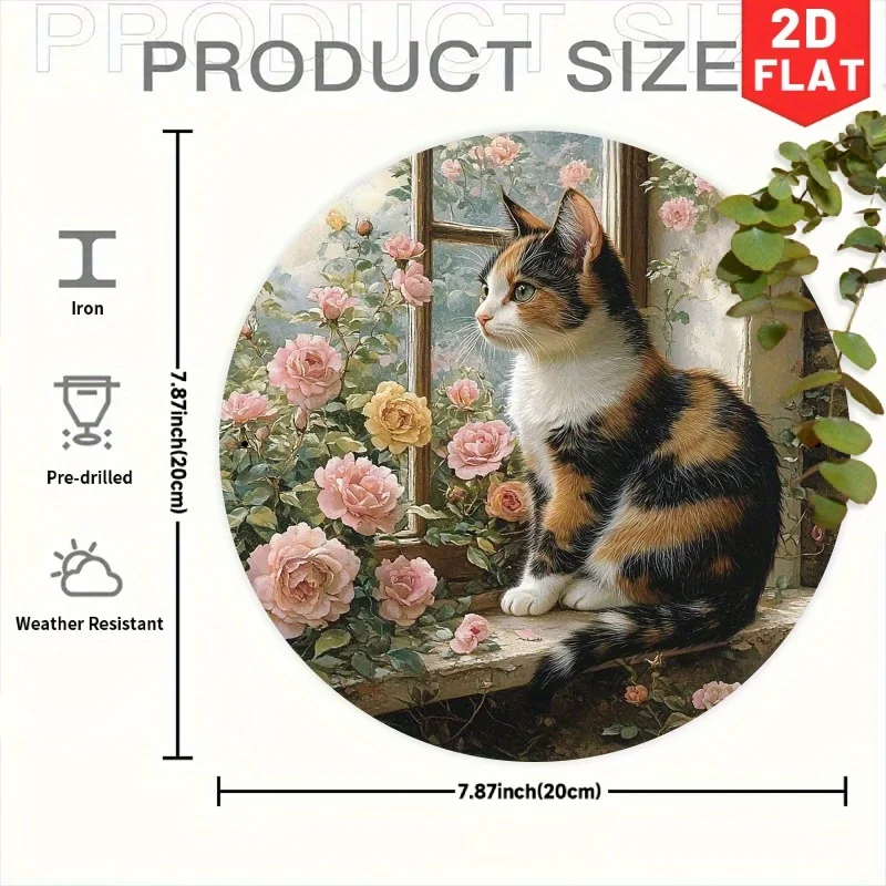 2D Flat, 1pc, Flower and Striped Cat Iron Sign, 7.87-inch Round Vintage Wall Decoration, Art Decoration, Suitable for Living Roo