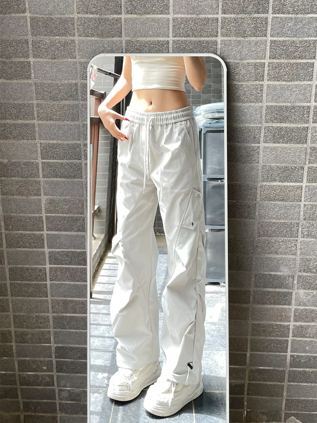 Light Grey Ice Silk Quick Dry Paratrooper Pants Men Women Thin American Folded Deconstructed Oblique Cut Workwear Straight Le...