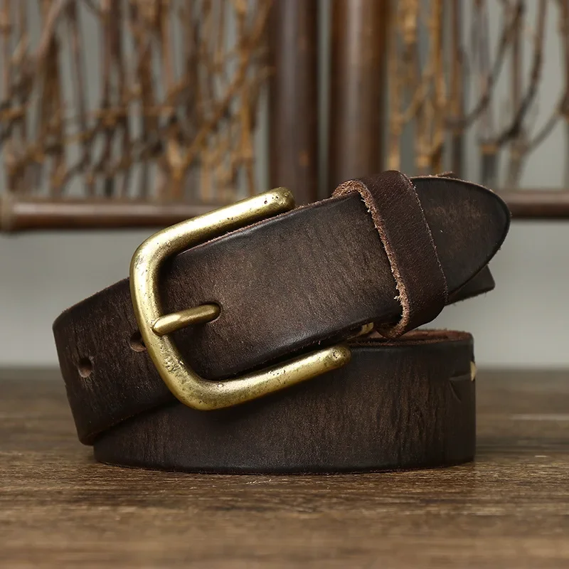 Cinturón de cuero de vaca genuino para hombre, hebilla de latón de alta calidad, 3,3 CM, diseño de moda
