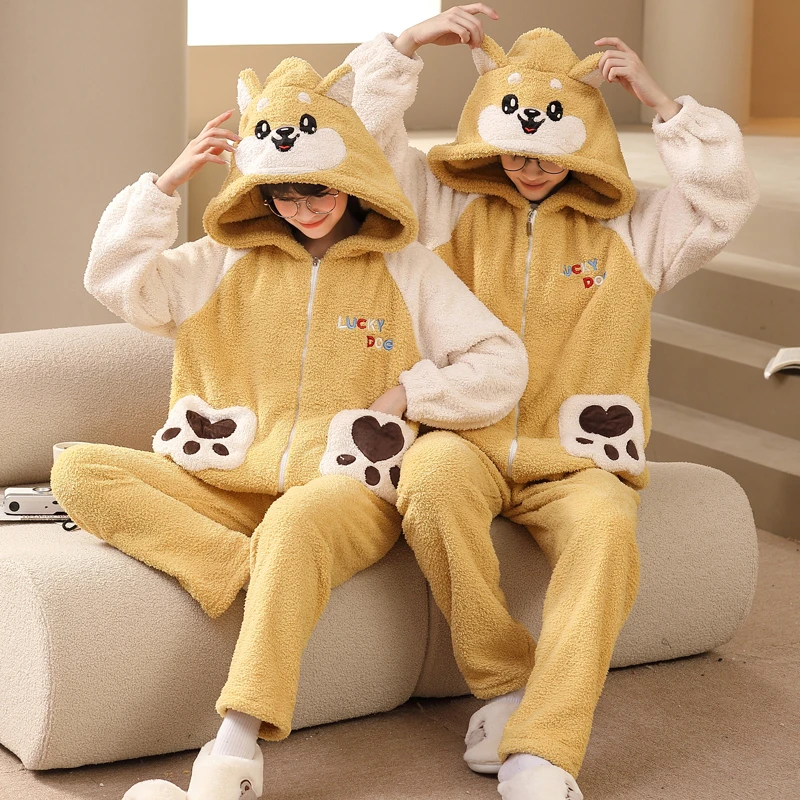 Couple Pajamas Sets Warm Thick Flannel Sleepwear Plush Winter Zipper Pajama Sets Cartoon Shiba Inu Hoodies Female Male Pyjamas