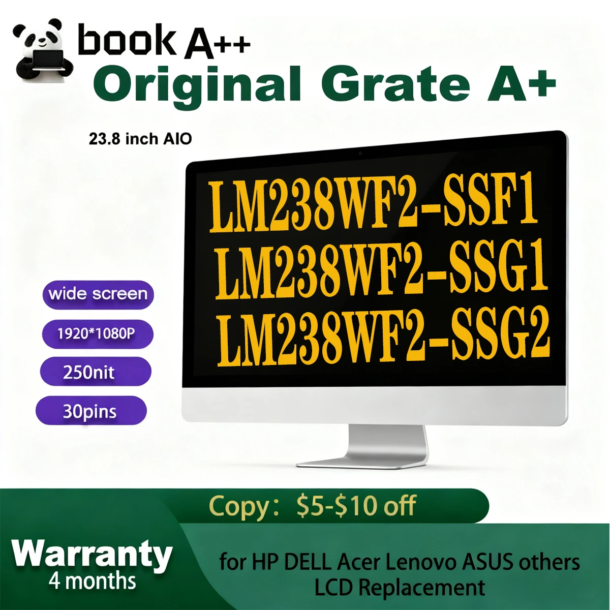 Original New 23.8 inch LCD FHD Display LM238WF2 SSF1 LM238WF2-SSF1 LM238WF2 SSG1 LM238WF2-SSG1 LM238WF2 SSG2 LM238WF2-SSG2