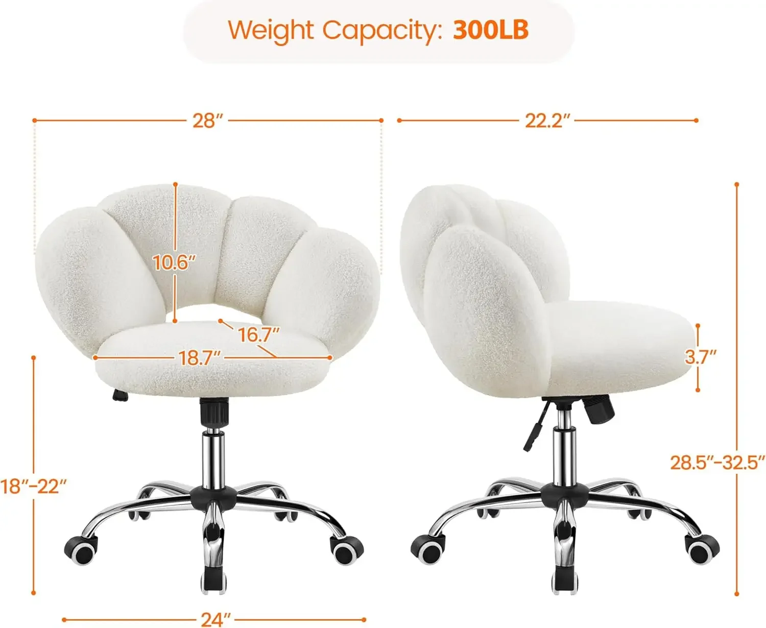 Boucle Upholstered Desk Chair Cloud-Shaped Vanity Adjustable Home Office Chair Computer  with Rolling Wheels